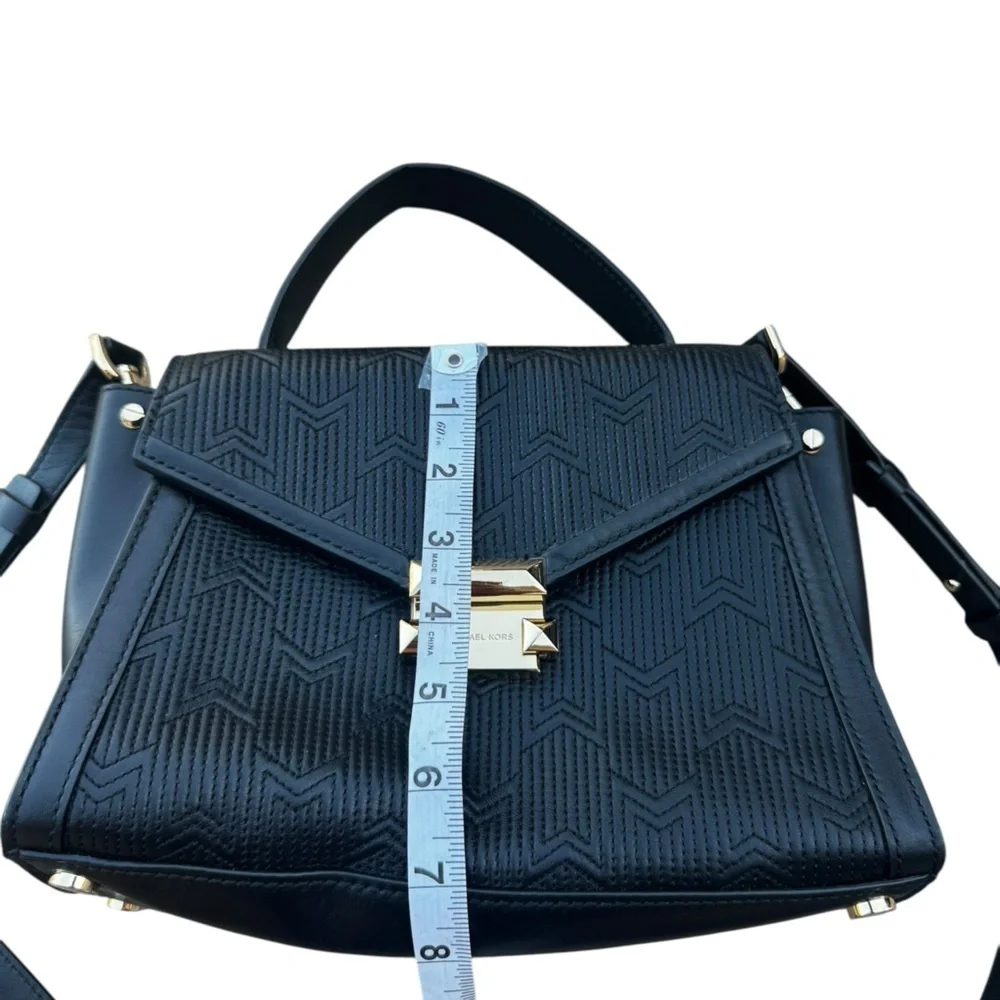 Michael Kors Whitney Black Gold Strips Quilted Leather Satchel Shoulder Bag